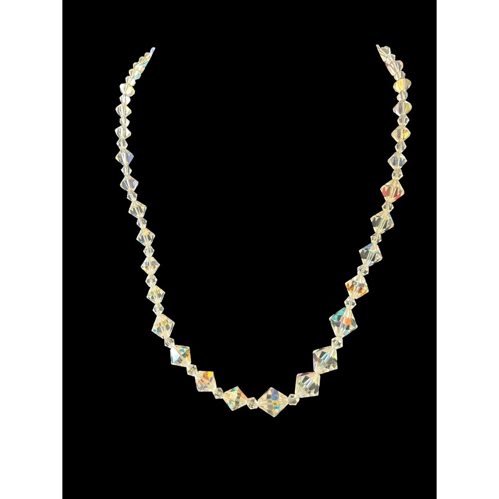 Vintage Aurora Borealis Crystal Graduated Bicone Bead Necklace Iridescent 22.5in